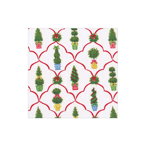 The Petit Jardin De Noel Collection napkin by Caspari features a white base with red lattice and potted topiary trees adorned with bows and ornaments, adding festive charm to your disposable tableware or paper dinnerware at any gathering.