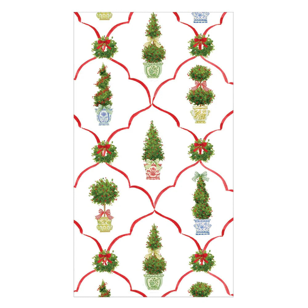 The Petit Jardin De Noel Collection by Caspari features potted Christmas trees and wreaths in decorative containers with red ribbon arches on a white background—ideal for festive paper dinnerware or party plates.
