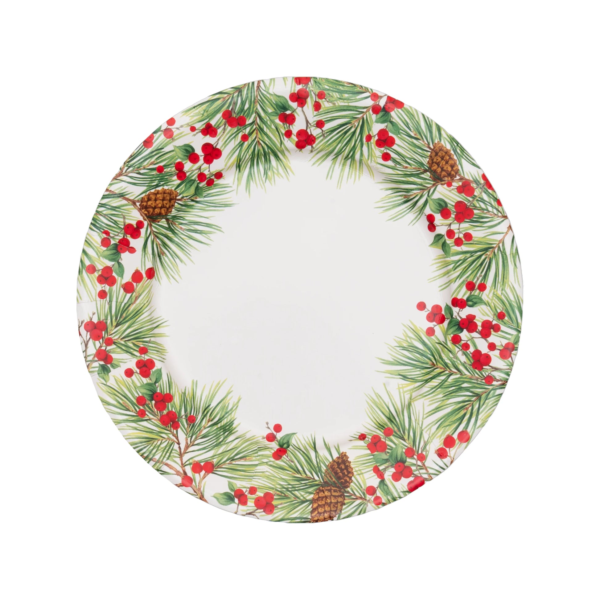The Caspari Evergreen and Berries White Collection features round decorative paper plates with pine needles, red berries, and pine cones on a white background—ideal for festive gatherings or as stylish disposable tableware.