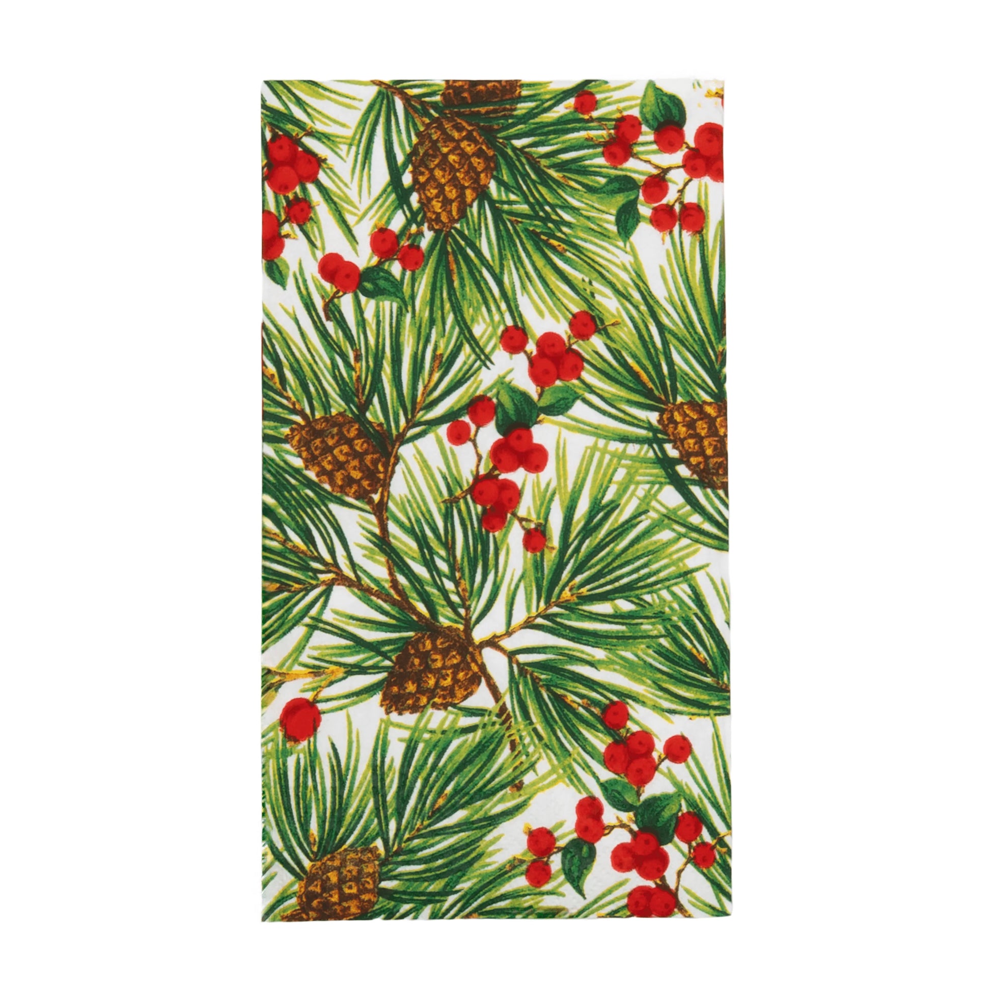 The Caspari Evergreen and Berries White Collection features a rectangular cloth with green pine needles, brown pinecones, and red berries on white—perfect for pairing with festive paper plates or dinnerware at your gatherings.