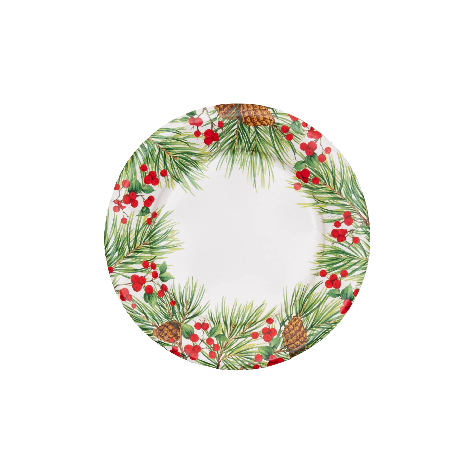 The Caspari Evergreen and Berries White Collection features round white decorative paper plates with a festive border of pine needles, red berries, and pinecones—perfect disposable plates for holiday celebrations.