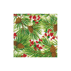 The Caspari Evergreen and Berries White Collection napkin features green pine needles, brown pinecones, and red berries on white—ideal for festive table settings and pairs perfectly with decorative paper plates.