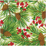 The Caspari Evergreen and Berries White Collection features decorative paper plates with pine branches, pine cones, and red berries—perfect for adding a festive touch to your dinnerware.