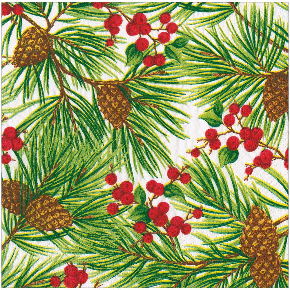 The Caspari Evergreen and Berries White Collection features decorative paper plates with pine branches, pine cones, and red berries—perfect for adding a festive touch to your dinnerware.