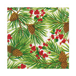 The Caspari Evergreen and Berries White Collection features pine branches, green needles, brown pinecones, and red berries on white—perfect for festive decorative or disposable plates.
