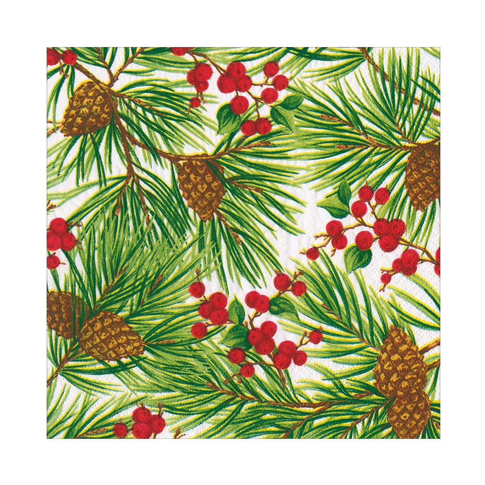 The Caspari Evergreen and Berries White Collection features pine branches, green needles, brown pinecones, and red berries on white—perfect for festive decorative or disposable plates.