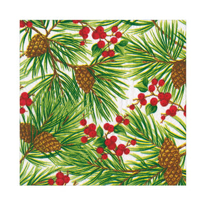 The Caspari Evergreen and Berries White Collection features pine branches, green needles, brown pinecones, and red berries on white—perfect for festive decorative or disposable plates.