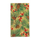 The Caspari Evergreen and Berries Gold Collection napkin features pinecones, green pine needles, and red berries on a light yellow background—ideal for pairing with decorative paper plates and festive tableware.