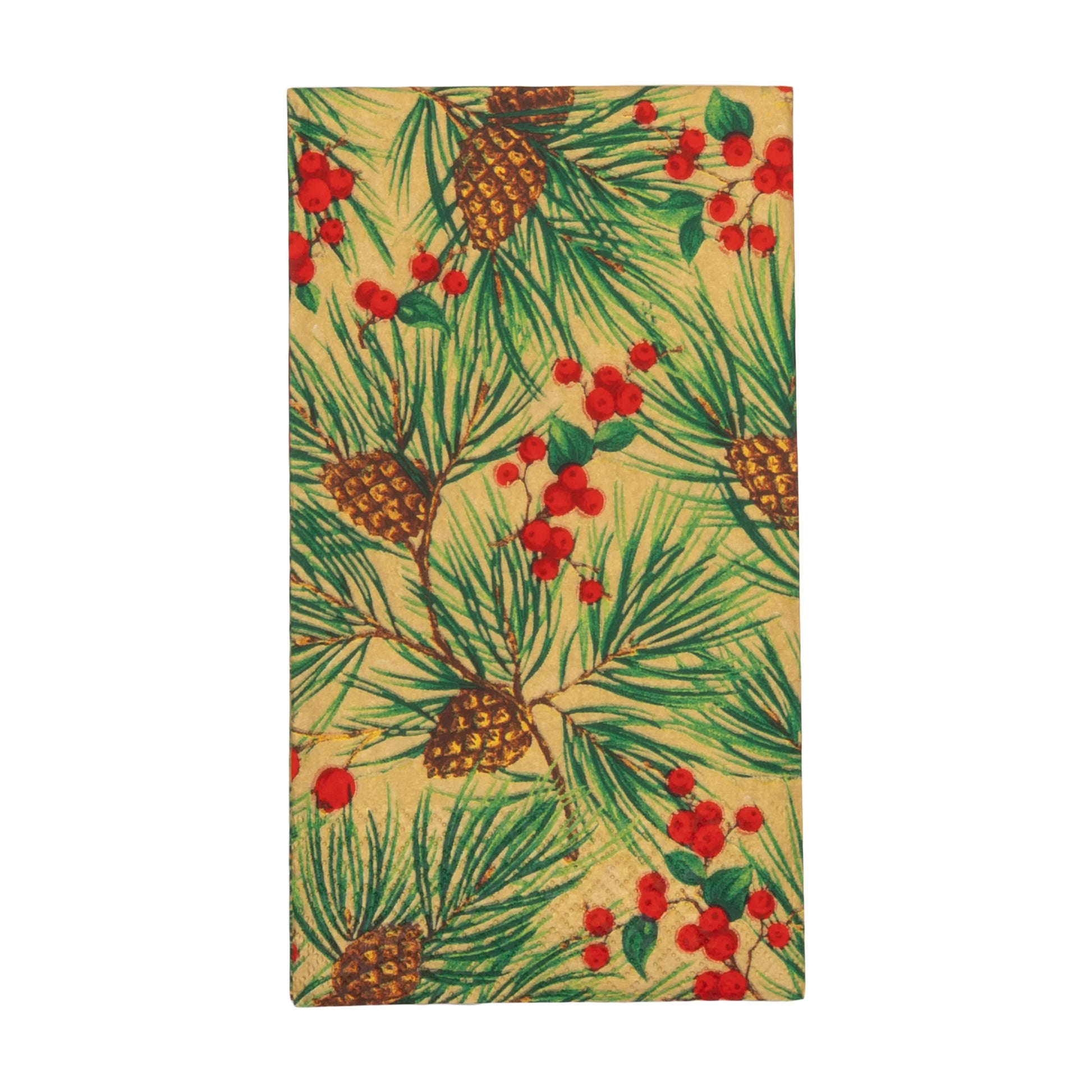 The Caspari Evergreen and Berries Gold Collection napkin features pinecones, green pine needles, and red berries on a light yellow background—ideal for pairing with decorative paper plates and festive tableware.