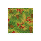 The Evergreen and Berries Gold Napkin Collection by Caspari features pinecones, green needles, and red berries on a golden background—perfect for elevating your festive table setting.