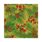 The Caspari Evergreen and Berries Gold Collection napkin features green pine needles, pinecones, and red berries on tan—ideal for accenting your disposable tableware or dinnerware at festive gatherings.