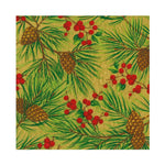 The Caspari Evergreen and Berries Gold Napkin Collection features pinecones, green pine needles, and red berries on a tan background—perfect for festive table settings.