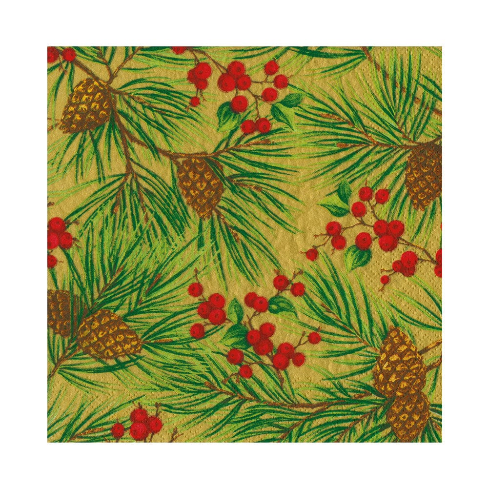 The Caspari Evergreen and Berries Gold Collection napkin features green pine needles, pinecones, and red berries on tan—ideal for accenting your disposable tableware or dinnerware at festive gatherings.
