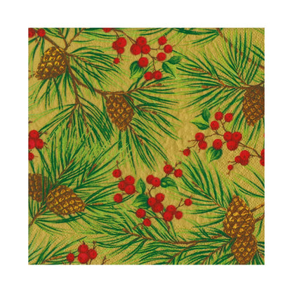 The Caspari Evergreen and Berries Gold Napkin Collection features pinecones, green pine needles, and red berries on a tan background—perfect for festive table settings.