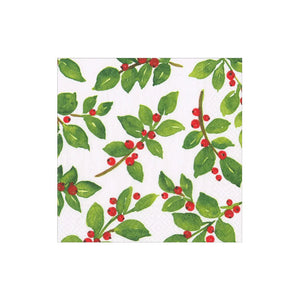 The Caspari Painted Holly White Collection napkin features green leaves and red berries, ideal for adding a festive touch to your party supplies or table settings.