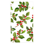 The Painted Holly White Collection by Caspari features watercolor green holly leaves and red berries on white, ideal for festive paper products or elegant table settings.
