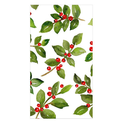 The Painted Holly White Collection by Caspari features watercolor green holly leaves and red berries on white, ideal for festive paper products or elegant table settings.
