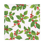 The Painted Holly White Collection napkin by Caspari features a white background with scattered green leaves and red berries, evoking festive holly—ideal for holiday table settings or stylish party supplies.