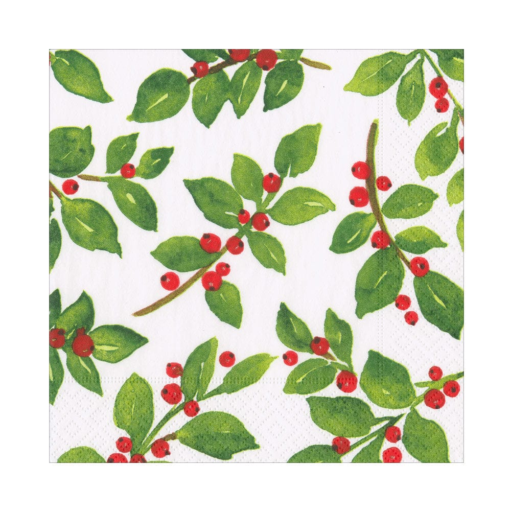 The Painted Holly White Collection napkin by Caspari features a white background with scattered green leaves and red berries, evoking festive holly—ideal for holiday table settings or stylish party supplies.