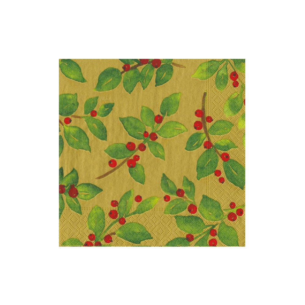 The Caspari Painted Holly Gold Collection features square paper napkins with a yellow background, green leaf and red berry pattern—ideal for table settings or charming party supplies.