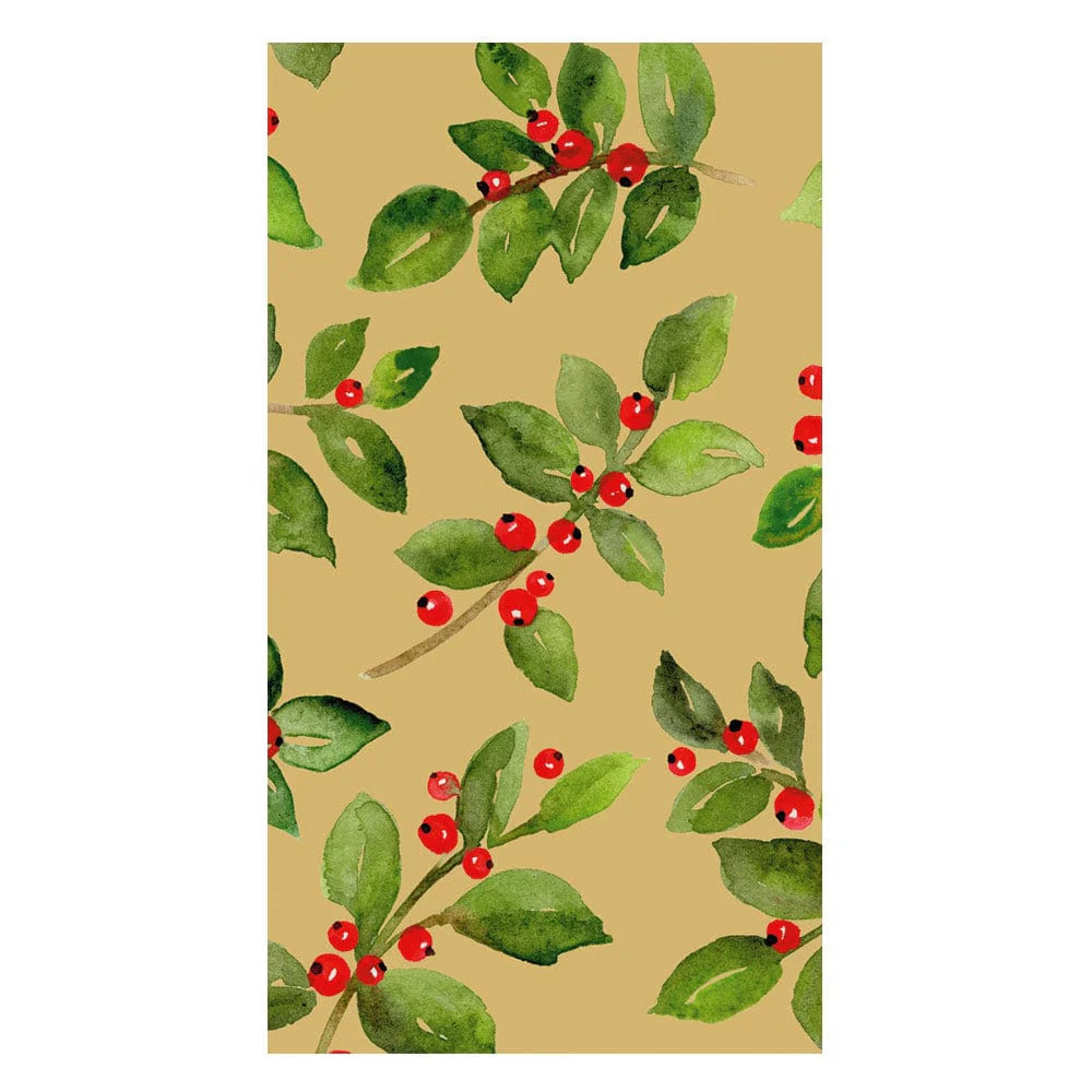 The Painted Holly Gold Collection by Caspari features watercolor green holly leaves and red berries on a light brown background, ideal for festive table settings or holiday paper products.