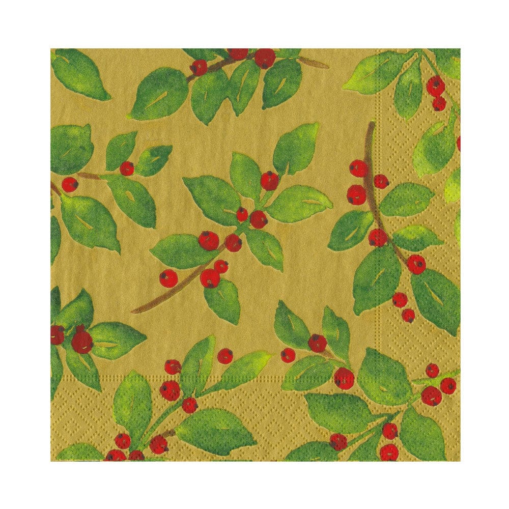 The Caspari Painted Holly Gold Collection square paper napkin features a yellow background with green leaves and red berries—ideal for bringing a festive accent to your party supplies or table settings.
