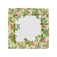 The Caspari Holly and Fretwork White Collection features a square decorative paper plate with a gold lattice border, green holly leaves, and red berries. Its blank white center adds elegance to your festive disposable dinnerware.