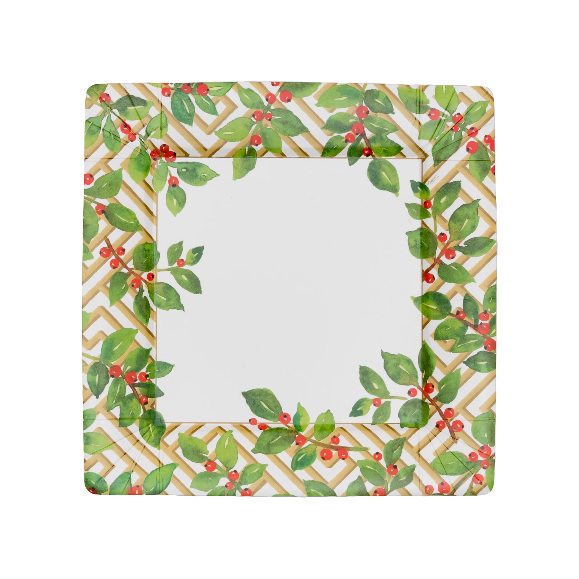 The Caspari Holly and Fretwork White Collection features a square decorative paper plate with a gold lattice border, green holly leaves, and red berries. Its blank white center adds elegance to your festive disposable dinnerware.
