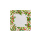 The Holly and Fretwork White Collection by Caspari features square ceramic plates with geometric patterns, green leaf borders, and red berries—ideal inspiration for decorative paper plates or stylish disposable tableware.