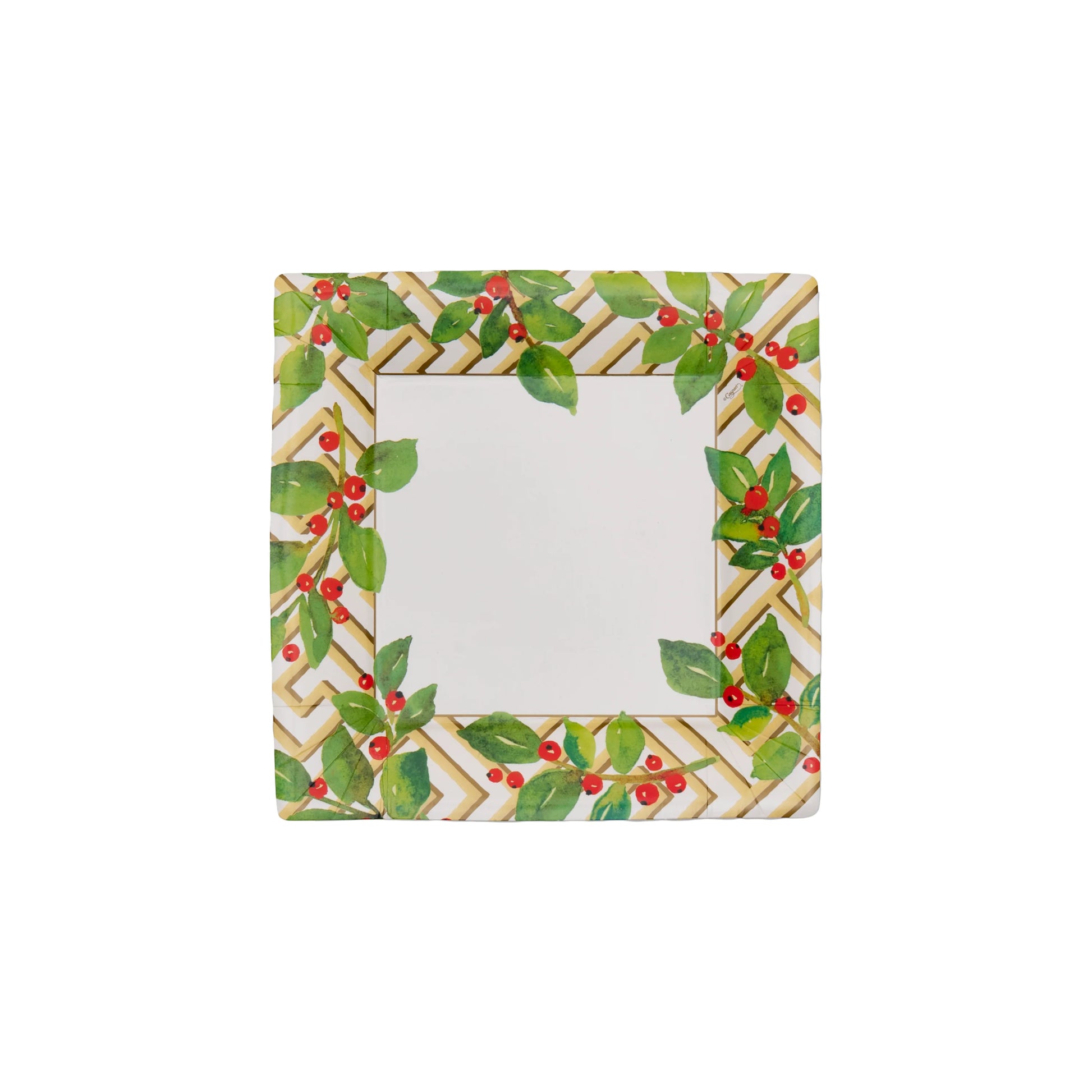 The Holly and Fretwork White Collection by Caspari features square ceramic plates with geometric patterns, green leaf borders, and red berries—ideal inspiration for decorative paper plates or stylish disposable tableware.