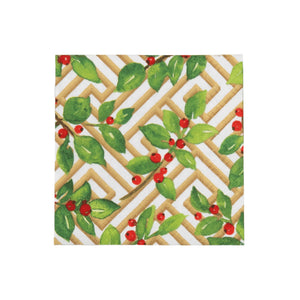 The Caspari Holly and Fretwork White Collection features square napkins with a tan lattice, green leaves, and red berries—perfectly coordinating with decorative paper plates for festive table settings.
