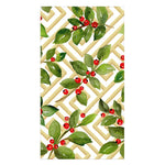 Caspari’s Holly and Fretwork White Napkin and Tabletop Collection features a beige fretwork background with green leaves and red berries, ideal for adding festive style to your tabletop decor.