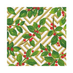 The Holly and Fretwork White Collection by Caspari features green leaves and red berries over a gold and white geometric lattice, making these paper plates ideal for festive gatherings or elegant disposable tableware.