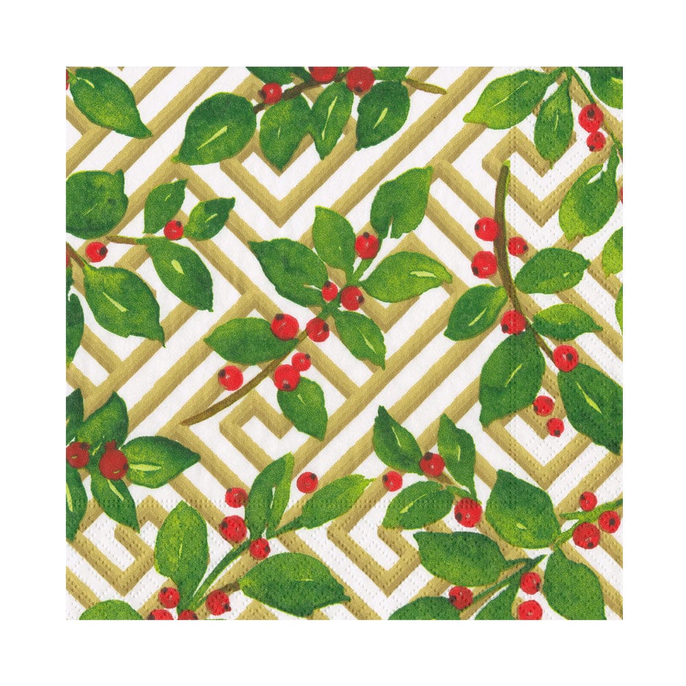 The Holly and Fretwork White Collection by Caspari features green leaves and red berries over a gold and white geometric lattice, making these paper plates ideal for festive gatherings or elegant disposable tableware.