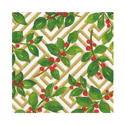 The Holly and Fretwork White Collection by Caspari features green leaves and red berries over a gold and white geometric lattice, making these paper plates ideal for festive gatherings or elegant disposable tableware.