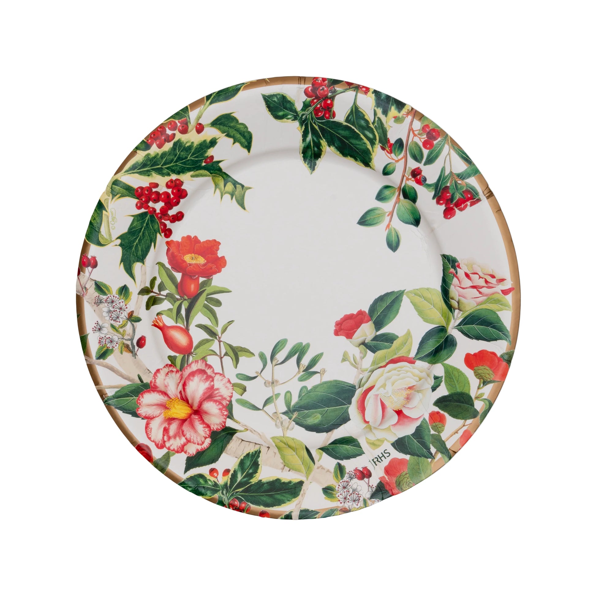The Caspari Christmas Chinoiserie White Collection round ceramic plate features a colorful floral and berry rim—ideal for adding elegance to your party table or pairing with other disposable tableware.