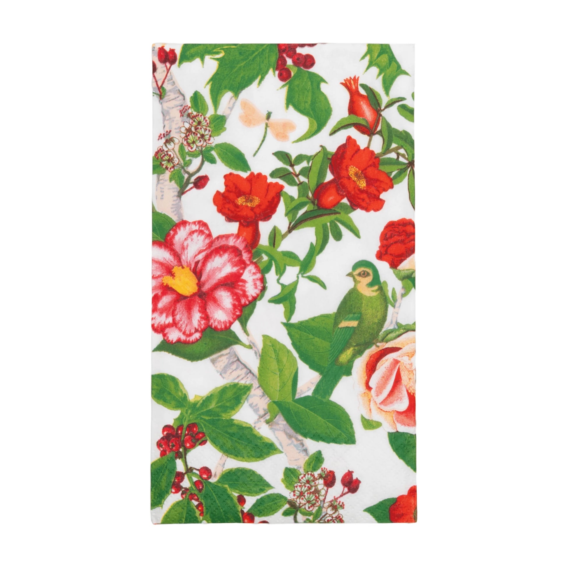 The Christmas Chinoiserie White Collection by Caspari features red and pink flowers, green leaves, and a green parrot on white—perfect to pair with disposable tableware or paper dinnerware at your next gathering.