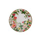 The Caspari Christmas Chinoiserie White Collection features a round white party plate with a gold rim and green, red, and pink floral berry accents—an elegant disposable tableware choice for special gatherings.