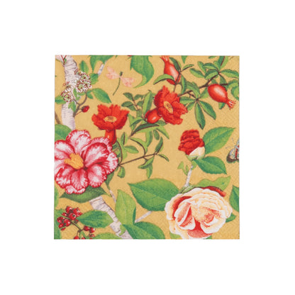 Caspari's Christmas Chinoiserie Gold Collection napkin features a yellow background with a red and white floral pattern, green leaves, and small branches, ideal for adding elegance to disposable tableware at any gathering.
