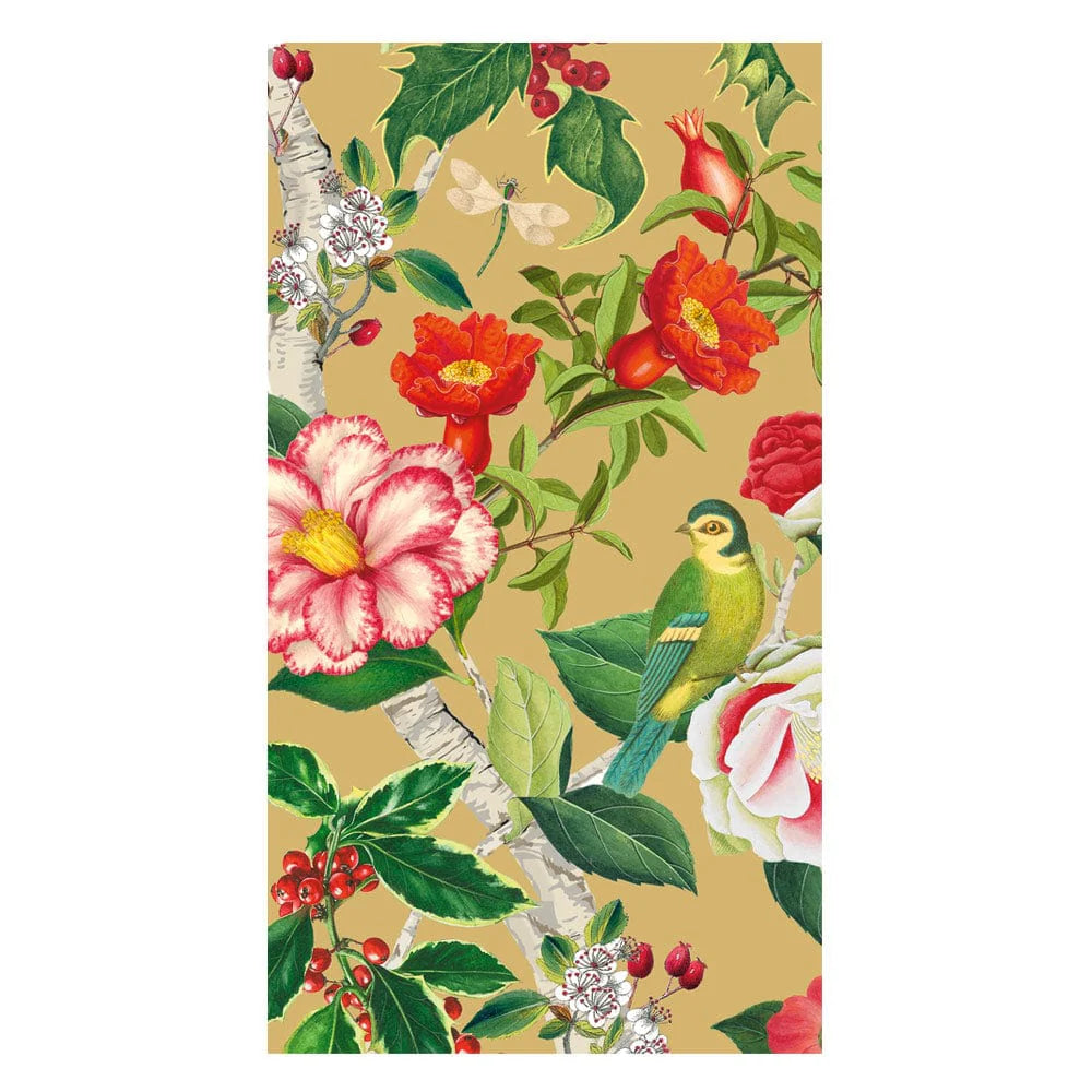 The Caspari Christmas Chinoiserie Gold Collection features a green bird on a branch with red and pink flowers, foliage, berries, and a moth on beige—an elegant design ideal for stylish tableware or disposable plates.
