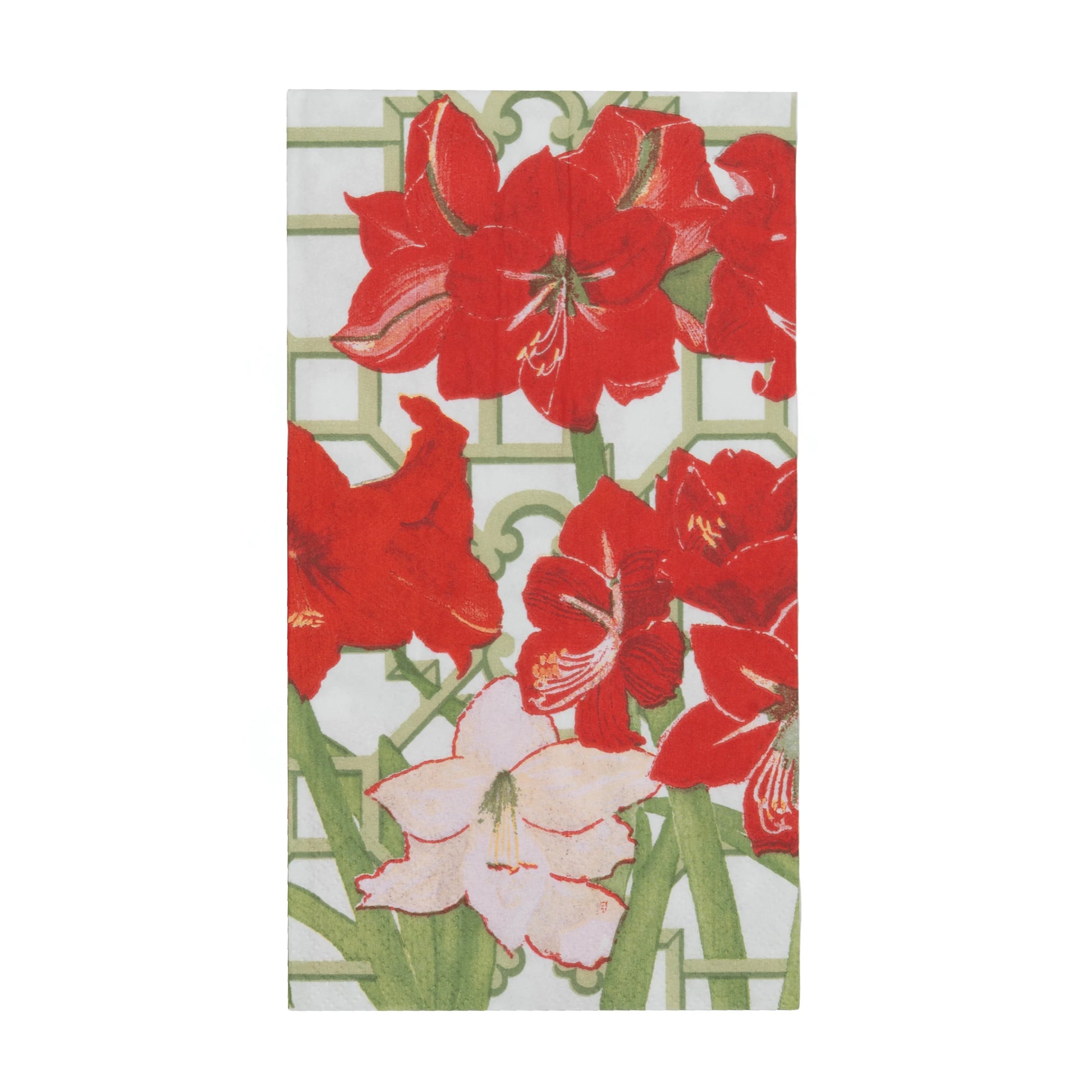 The Caspari Amaryllis Conservatory Collection towel showcases red and light pink amaryllis flowers with green stems and a geometric background—ideal for matching with your party supplies or table settings.
