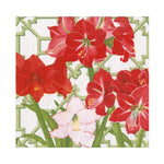 The Amaryllis Conservatory Collection by Caspari features red and pink amaryllis flowers with green stems on a white background with a geometric green pattern—ideal for elegant table settings or festive paper goods.
