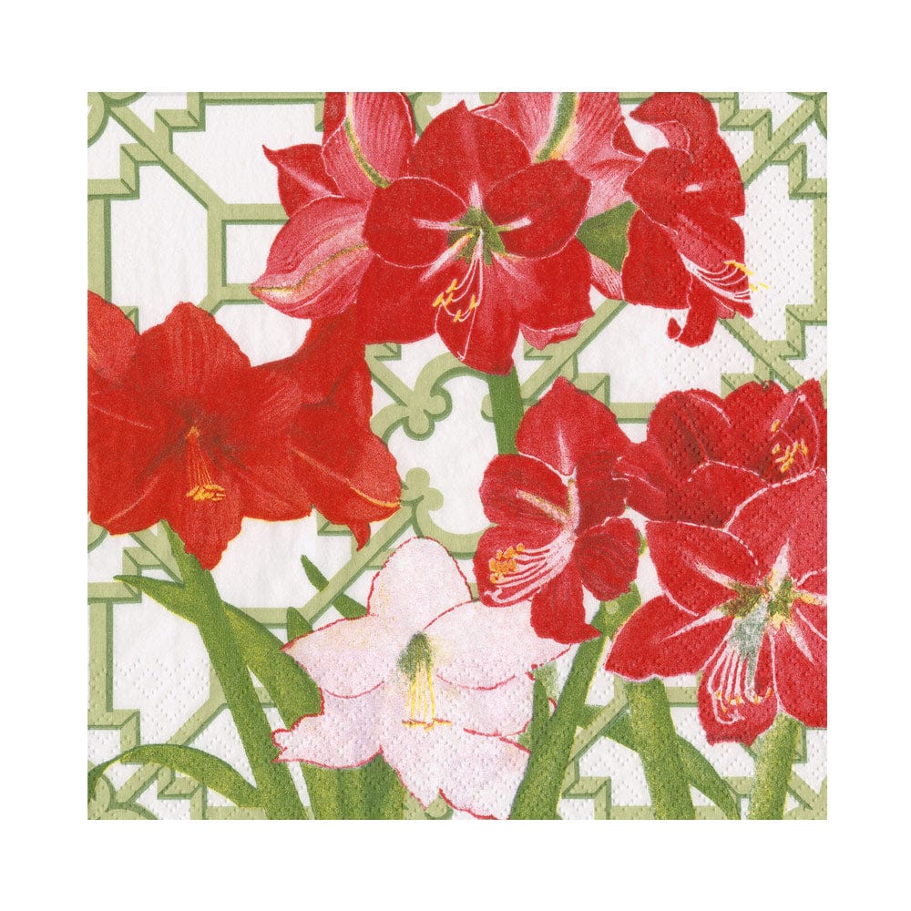 The Amaryllis Conservatory Collection by Caspari features red and pink amaryllis flowers with green stems on a white background with a geometric green pattern—ideal for elegant table settings or festive paper goods.