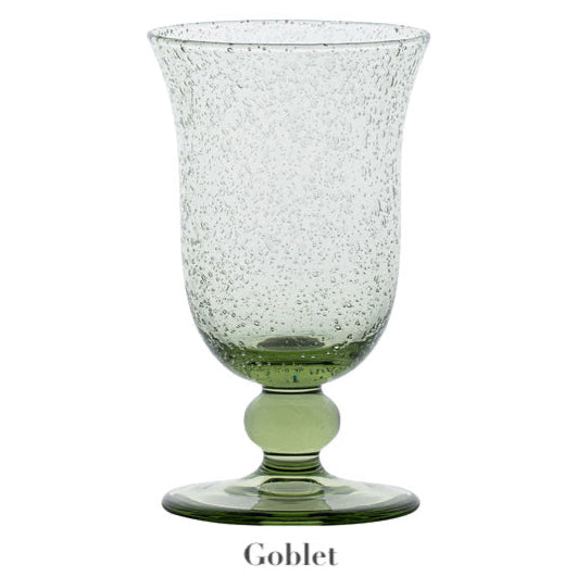 A green goblet from Juliska’s Provence Basil Drinkware Collection, featuring a textured design with a round base and flared rim, is displayed against a white background. “Goblet” appears below this Provence-inspired glassware.