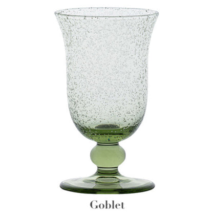 A green goblet from Juliska’s Provence Basil Drinkware Collection, featuring a textured design with a round base and flared rim, is displayed against a white background. “Goblet” appears below this Provence-inspired glassware.