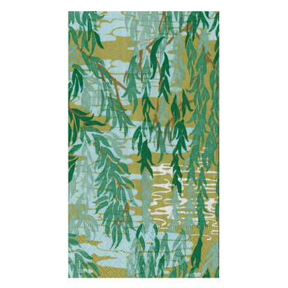 The Caspari Willows Green Napkin Collection features illustrations of hanging willow branches with green leaves over a blue and yellow water background, perfect for elevating your table with stylish paper products or party supplies.