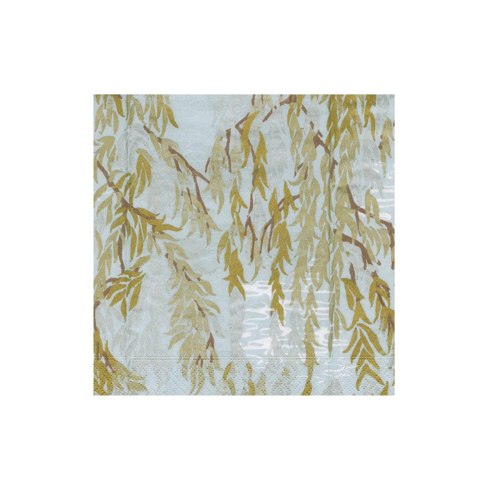 Caspari’s Willows Silver Collection paper napkins feature a printed design of yellow-green willow branches on a light background—ideal for adding elegance to your table or matching with other party supplies.