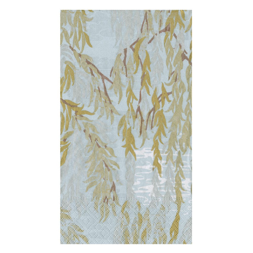 Enhance your table with Caspari's Willows Silver Collection napkins, featuring yellow and green willow branches on a light blue background—an elegant addition to your party supplies.