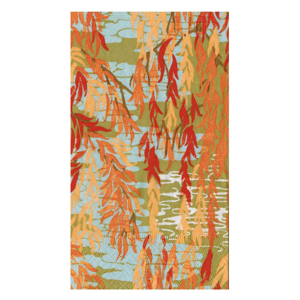 The Caspari Willows Coral Collection features orange and yellow willow branches over water with green and blue reflections—ideal for inspiring party planning or creating elegant table settings.
