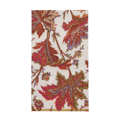 The Caspari Paisley Leaves Ivory Collection features a rectangular textile with a white background and vibrant red, purple, and green leaves—ideal for creative table settings or enhancing your party supplies.